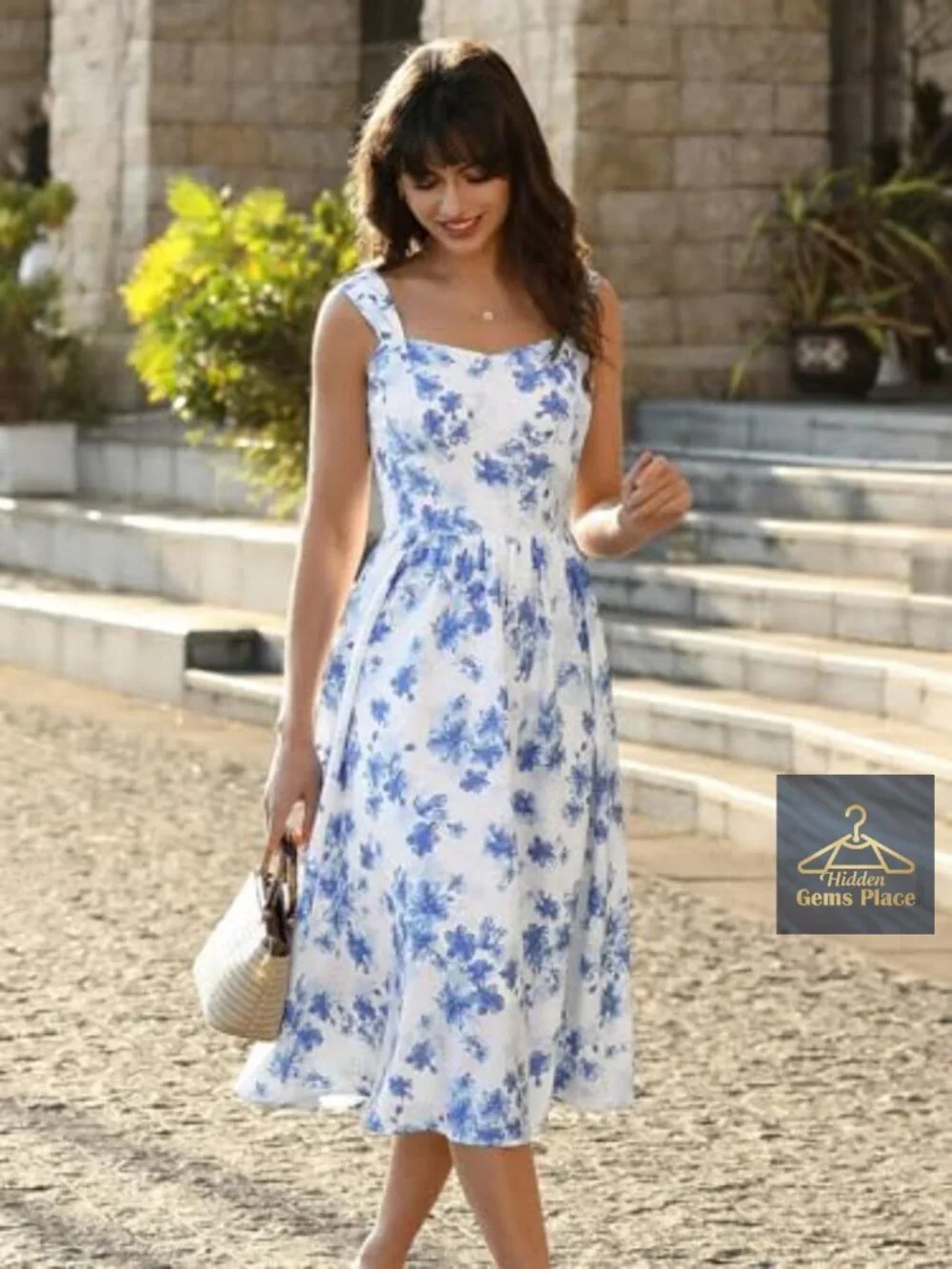 Vintage A-Line Midi Dress Sweetheart Neckline Floral Pockets